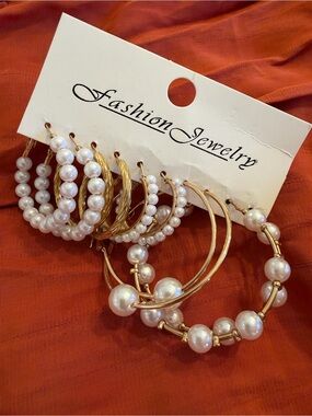 Pearl and Gold Hoop Earring Set